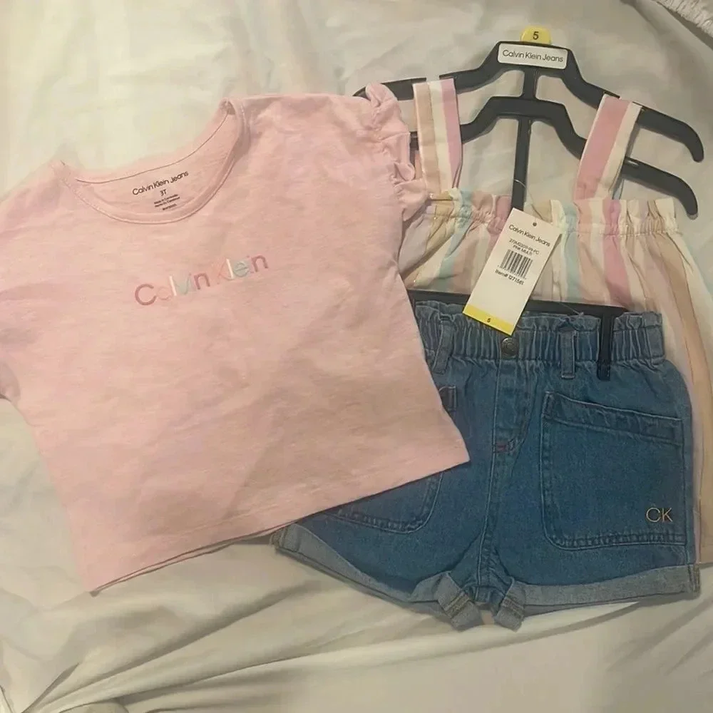 Calvin Klein pink 3 piece shirt set Jean Shorts Striped shirt #1